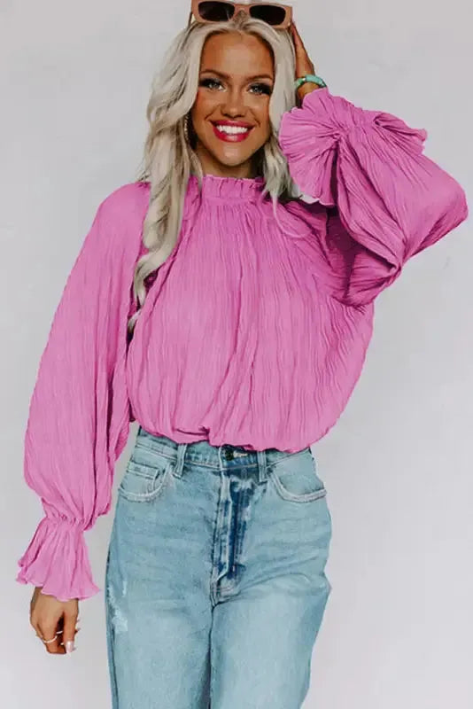 Green Striking Pleated Flared Cuff Long Sleeve Blouse - Fashionfitz