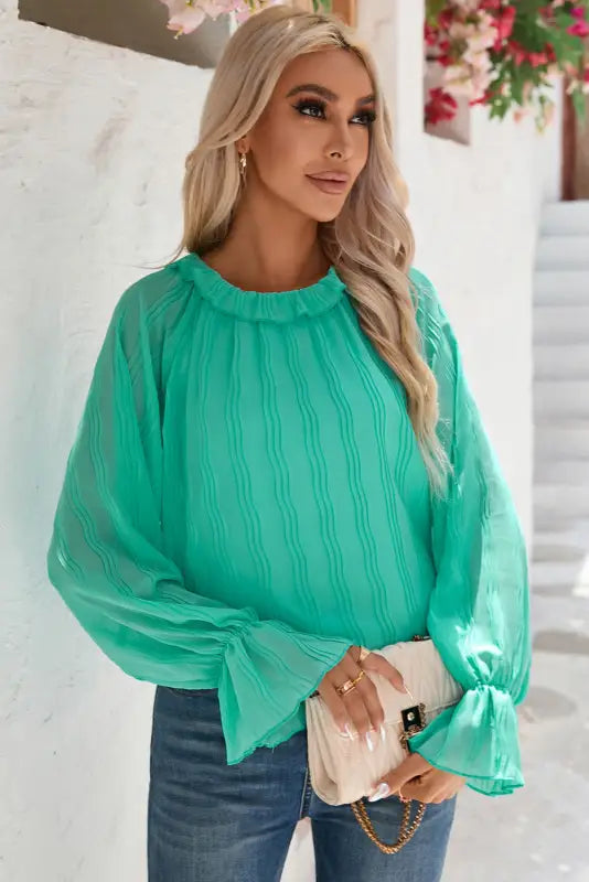 Green striking pleated flared cuff long sleeve blouse - tops