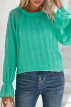 Green Striking Pleated Flared Cuff Long Sleeve Blouse - Fashionfitz