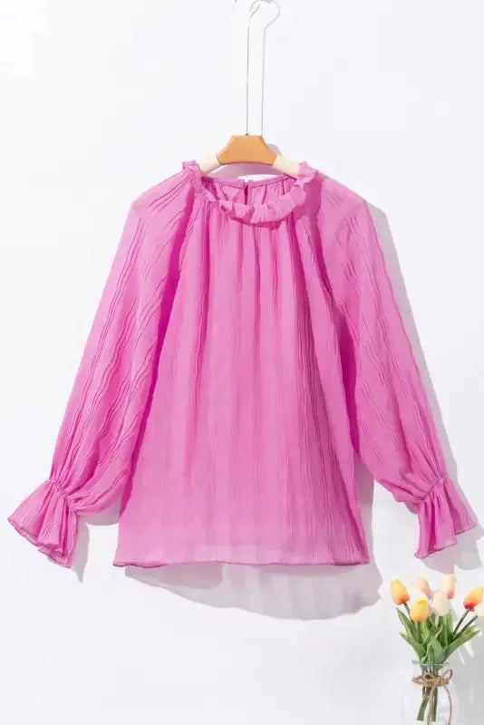 Green Striking Pleated Flared Cuff Long Sleeve Blouse - Fashionfitz