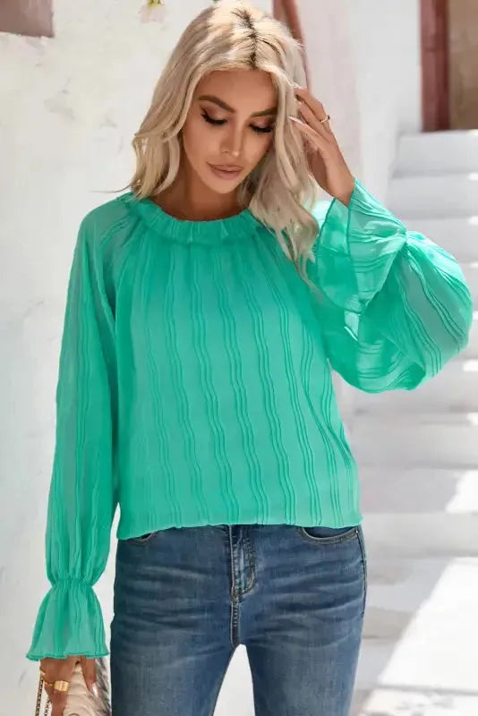 Green Striking Pleated Flared Cuff Long Sleeve Blouse - Fashionfitz