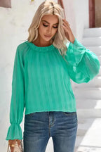 Green Striking Pleated Flared Cuff Long Sleeve Blouse - Fashionfitz