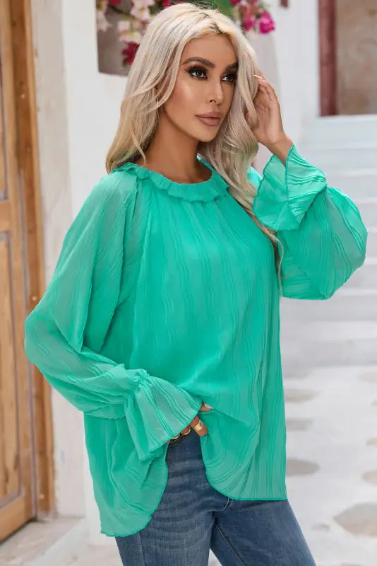 Green striking pleated flared cuff long sleeve blouse - tops