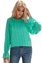 Green Striking Pleated Flared Cuff Long Sleeve Blouse - Fashionfitz