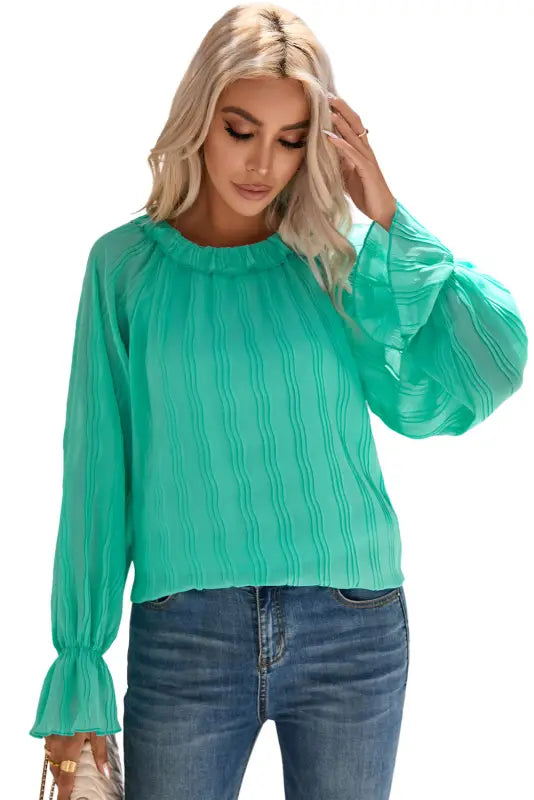 Green striking pleated flared cuff long sleeve blouse - tops