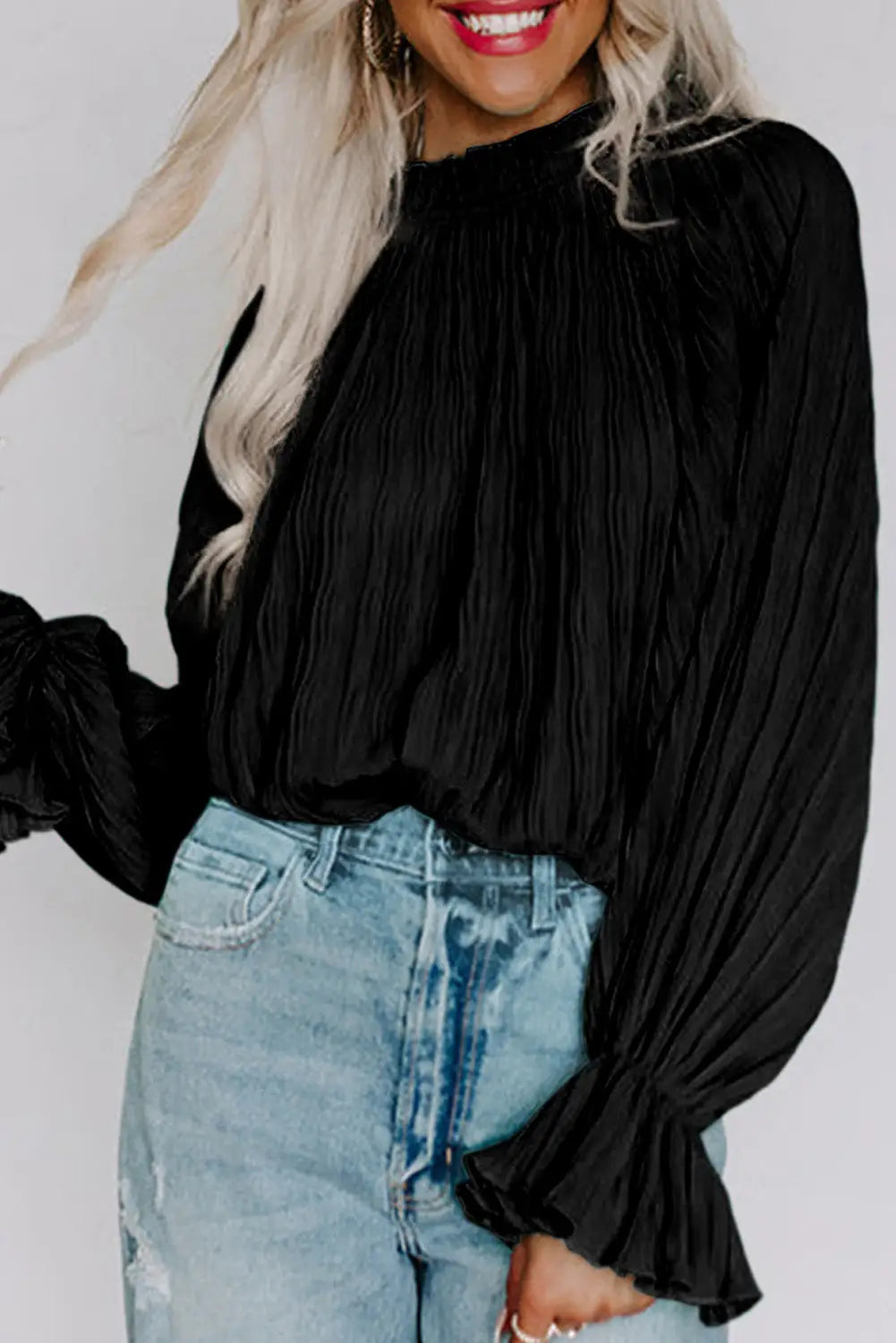 Green striking pleated flared cuff long sleeve blouse - black / s / 100% polyester - tops