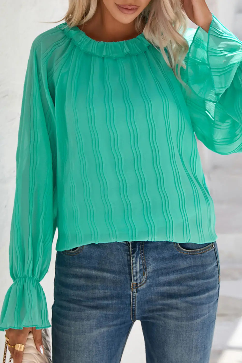 Green striking pleated flared cuff long sleeve blouse - s / 100% polyester - tops