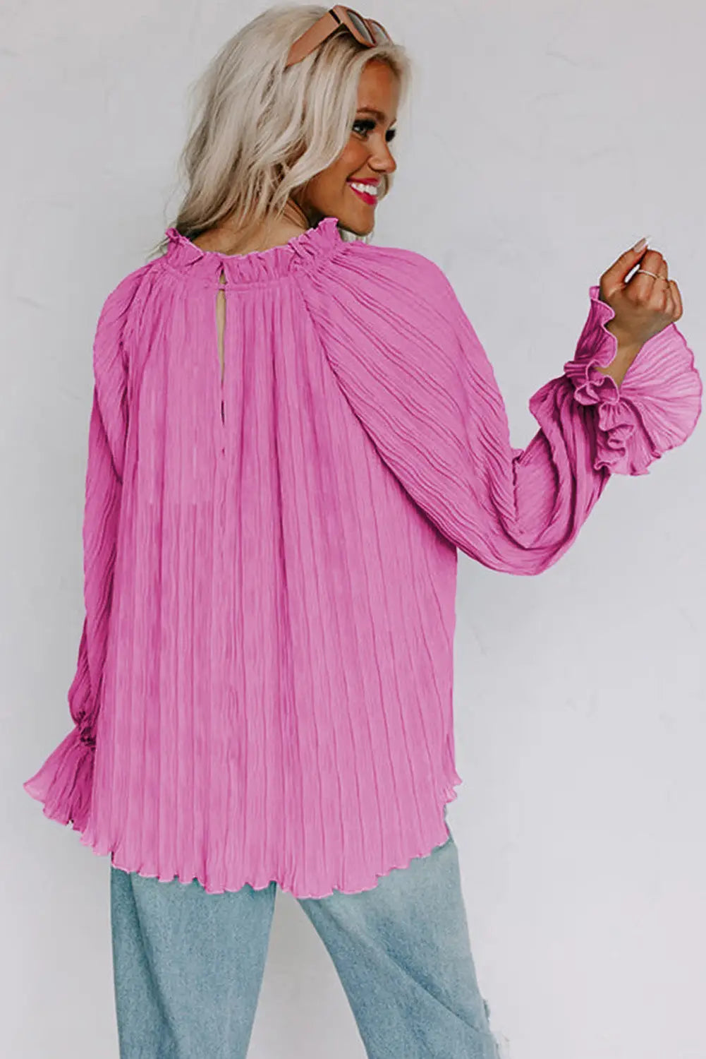 Green striking pleated flared cuff long sleeve blouse - tops