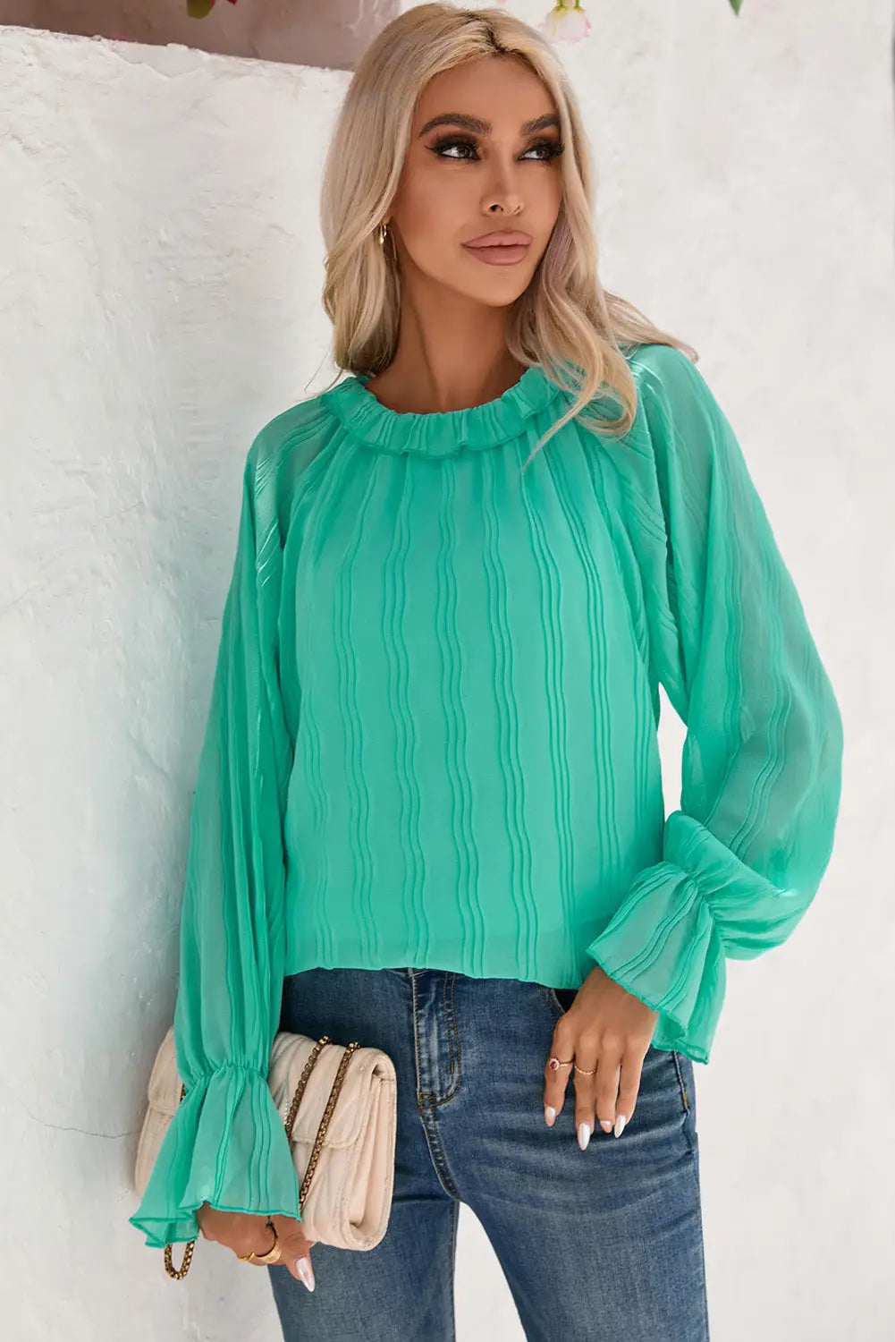 Green striking pleated flared cuff long sleeve blouse - tops
