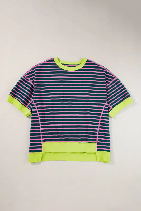 Green stripe oversized t-shirt - contrast trim exposed seam high low - tops/tops & tees