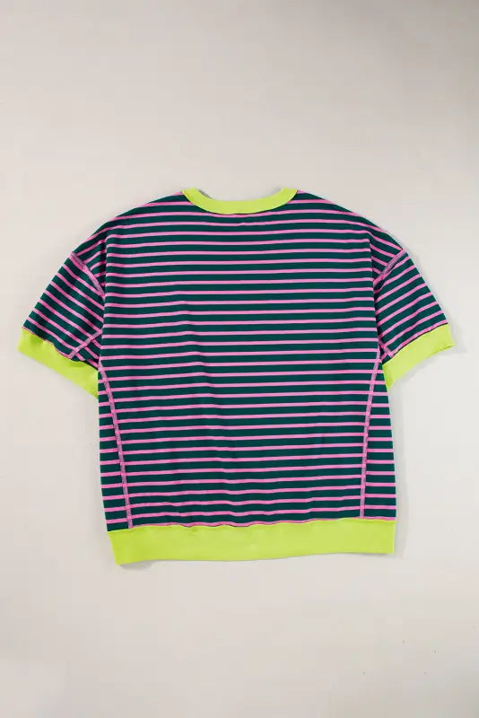 Green stripe oversized t-shirt - contrast trim exposed seam high low - tops/tops & tees