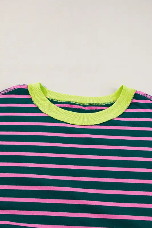 Green stripe oversized t-shirt - contrast trim exposed seam high low - tops/tops & tees