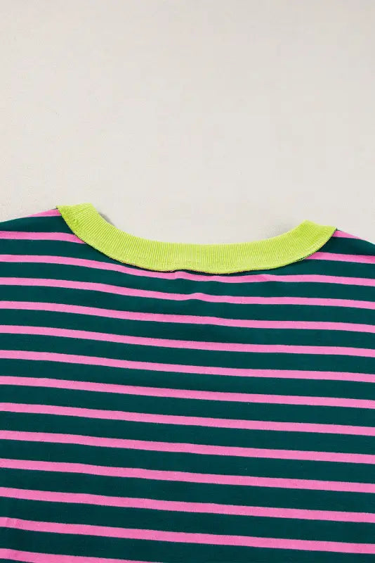 Green stripe oversized t-shirt - contrast trim exposed seam high low - tops/tops & tees