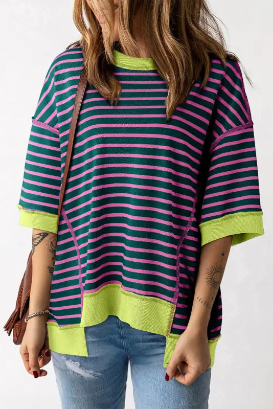 Green stripe oversized t-shirt - contrast trim exposed seam high low - s / 70% polyester + 25% cotton + 5% elastane