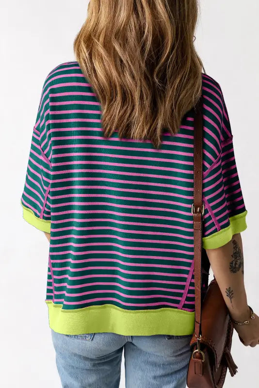 Green stripe oversized t-shirt - contrast trim exposed seam high low - tops/tops & tees