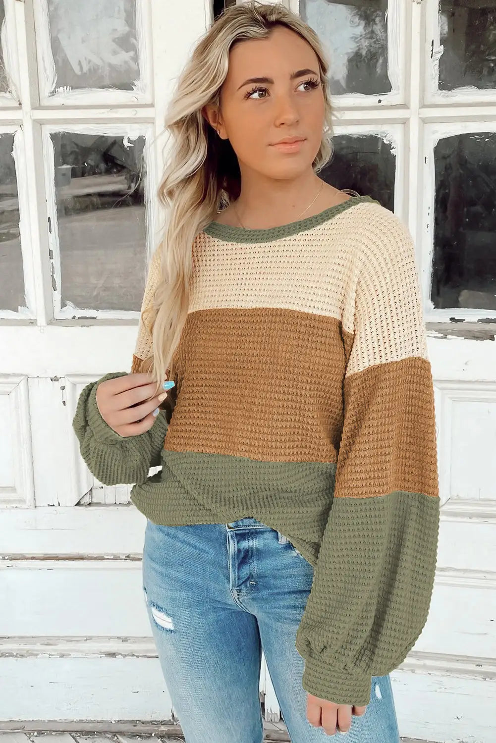 Green stripe textured color block bubble sleeve baggy top - long tops