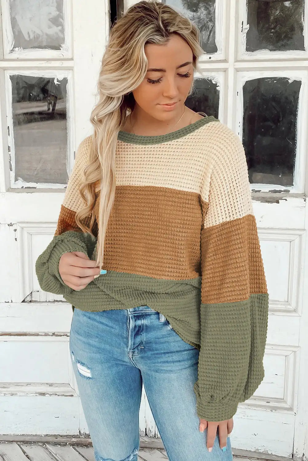 Green stripe textured color block bubble sleeve baggy top - long tops