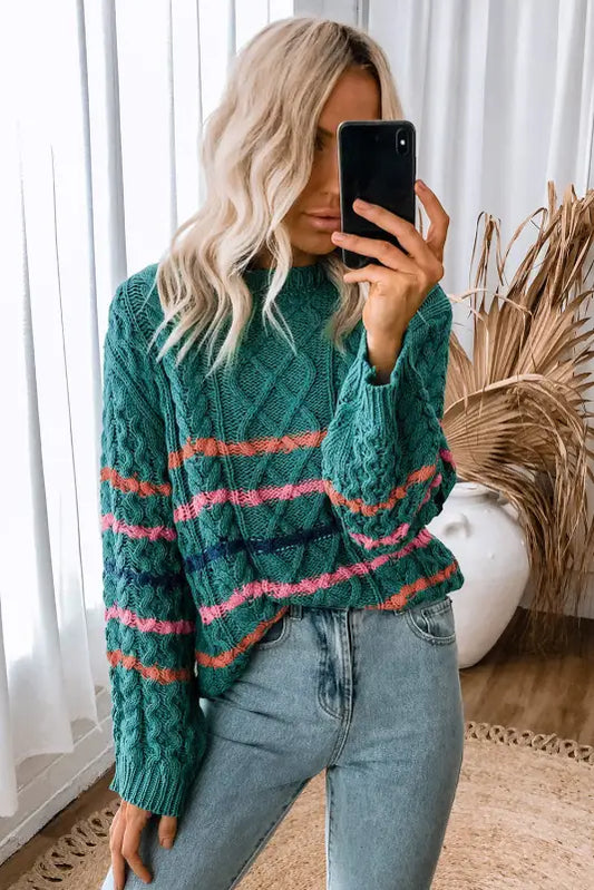 Green striped color block textured knit pullover sweater - sweaters & cardigans