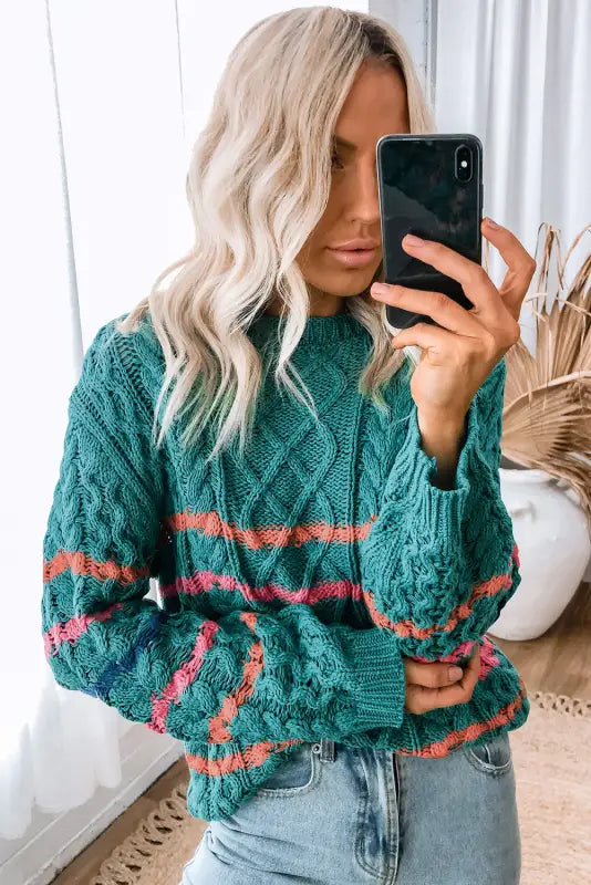 Green striped color block textured knit pullover sweater - sweaters & cardigans