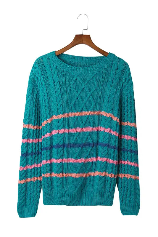 Green striped color block textured knit pullover sweater - sweaters & cardigans