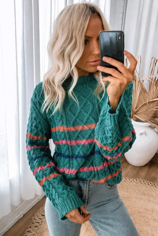 Green striped color block textured knit pullover sweater - sweaters & cardigans