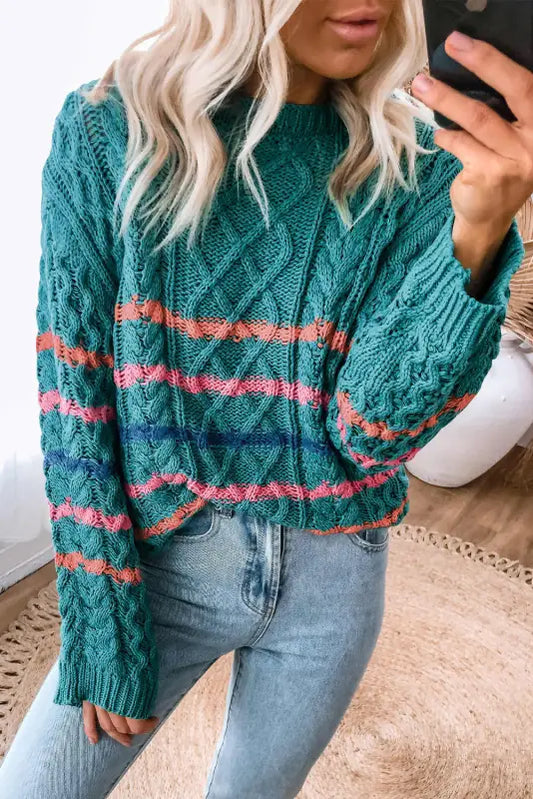 Green striped color block textured knit pullover sweater - sweaters & cardigans