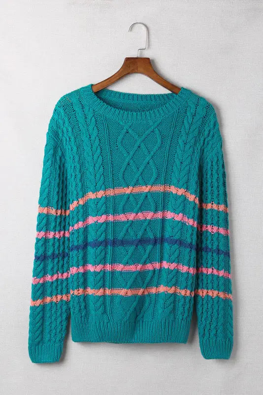 Green striped color block textured knit pullover sweater - sweaters & cardigans