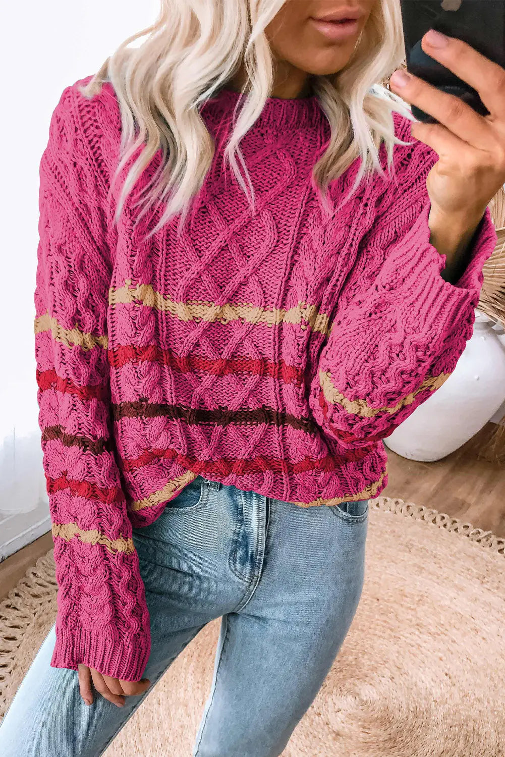 Green striped color block textured knit pullover sweater - rose / s / 60% cotton + 40% acrylic - sweaters & cardigans