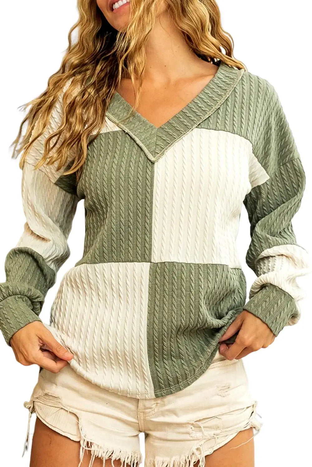 Green textured colorblock long sleeve v neck top - sweaters & cardigans