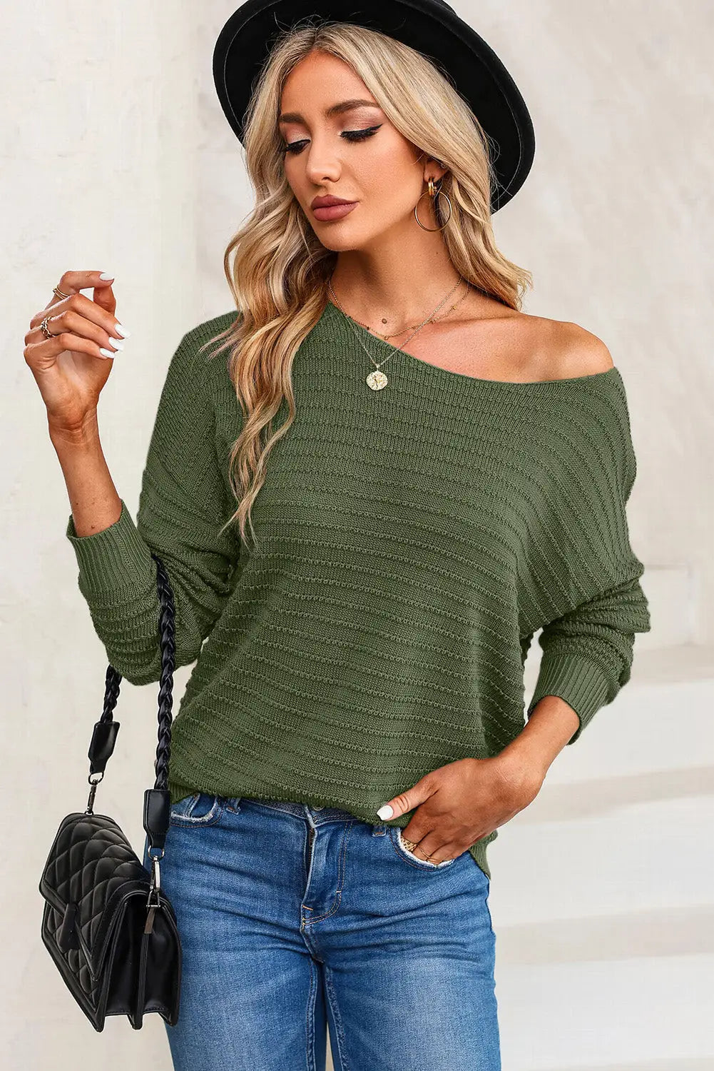 Green textured knit round neck dolman sleeve sweater - s / 55% acrylic + 45% cotton - sweaters & cardigans