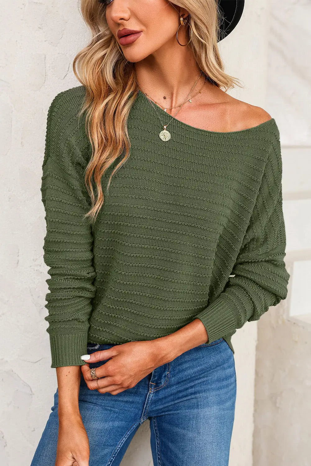 Green textured knit round neck dolman sleeve sweater - sweaters & cardigans