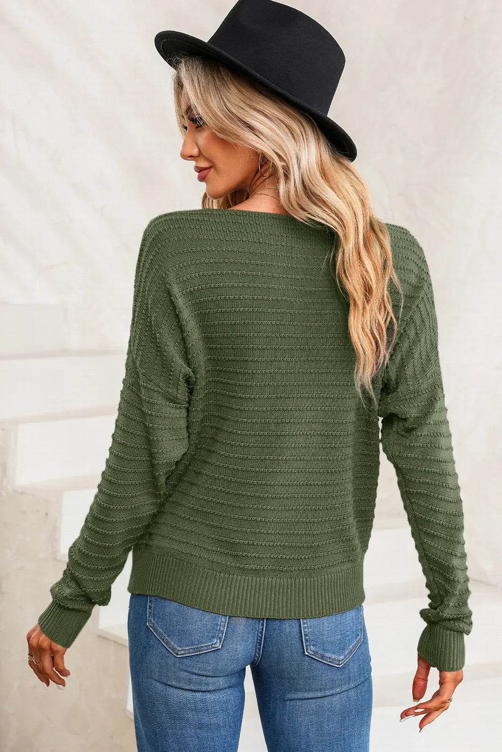 Green textured knit round neck dolman sleeve sweater - sweaters & cardigans
