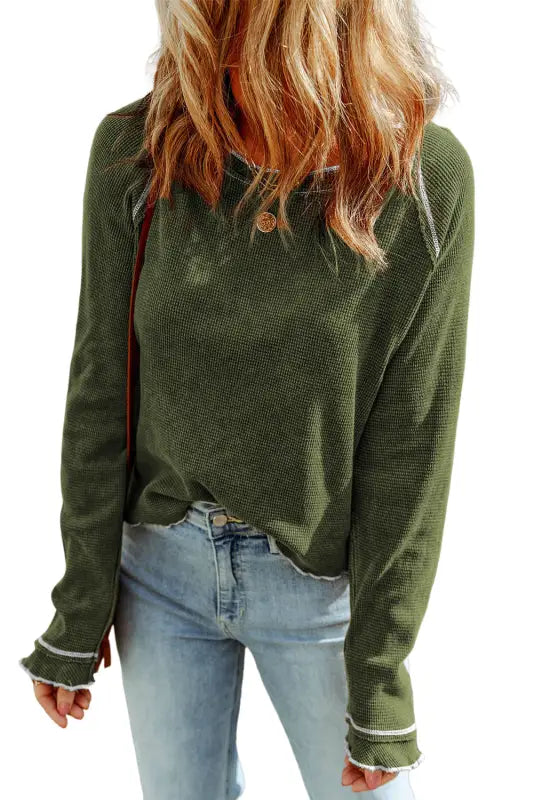 Green textured round neck long sleeve top - tops