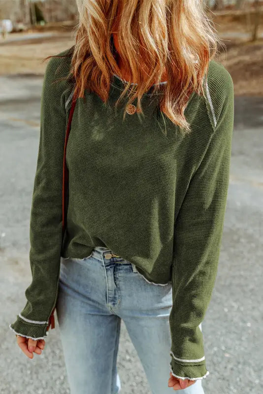 Green textured round neck long sleeve top - tops