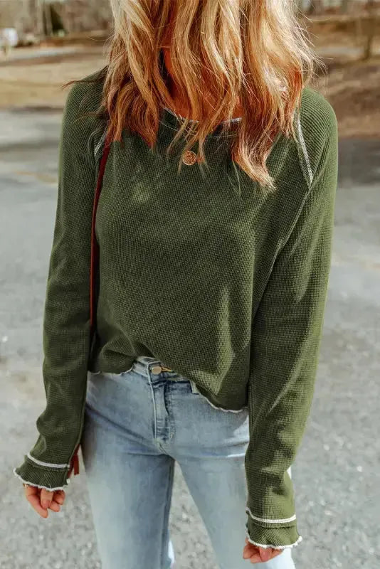 Green Textured Round Neck Long Sleeve Top - Fashionfitz