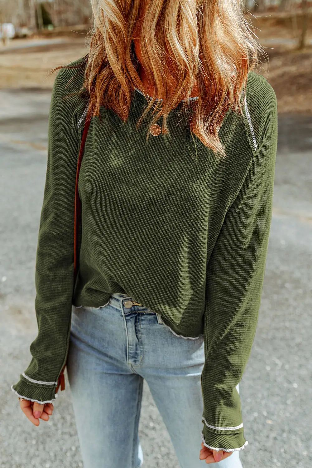Green textured round neck long sleeve top - pickle / s / 95% polyester + 5% elastane - tops