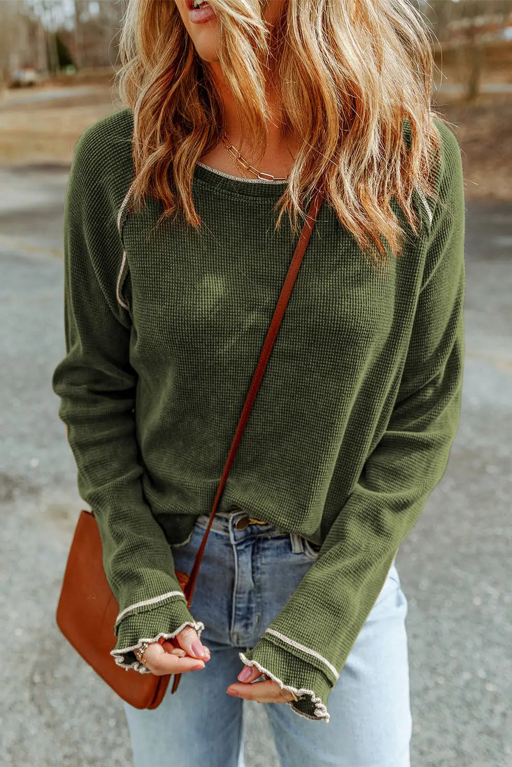 Green textured round neck long sleeve top - tops