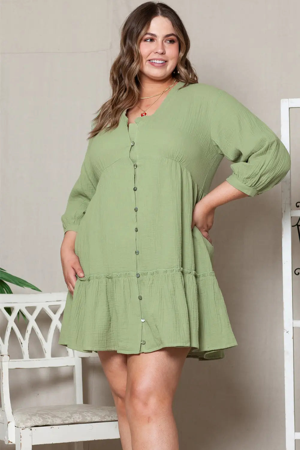 Green textured ruffled buttoned v neck plus size mini dress - 1x / 100% cotton