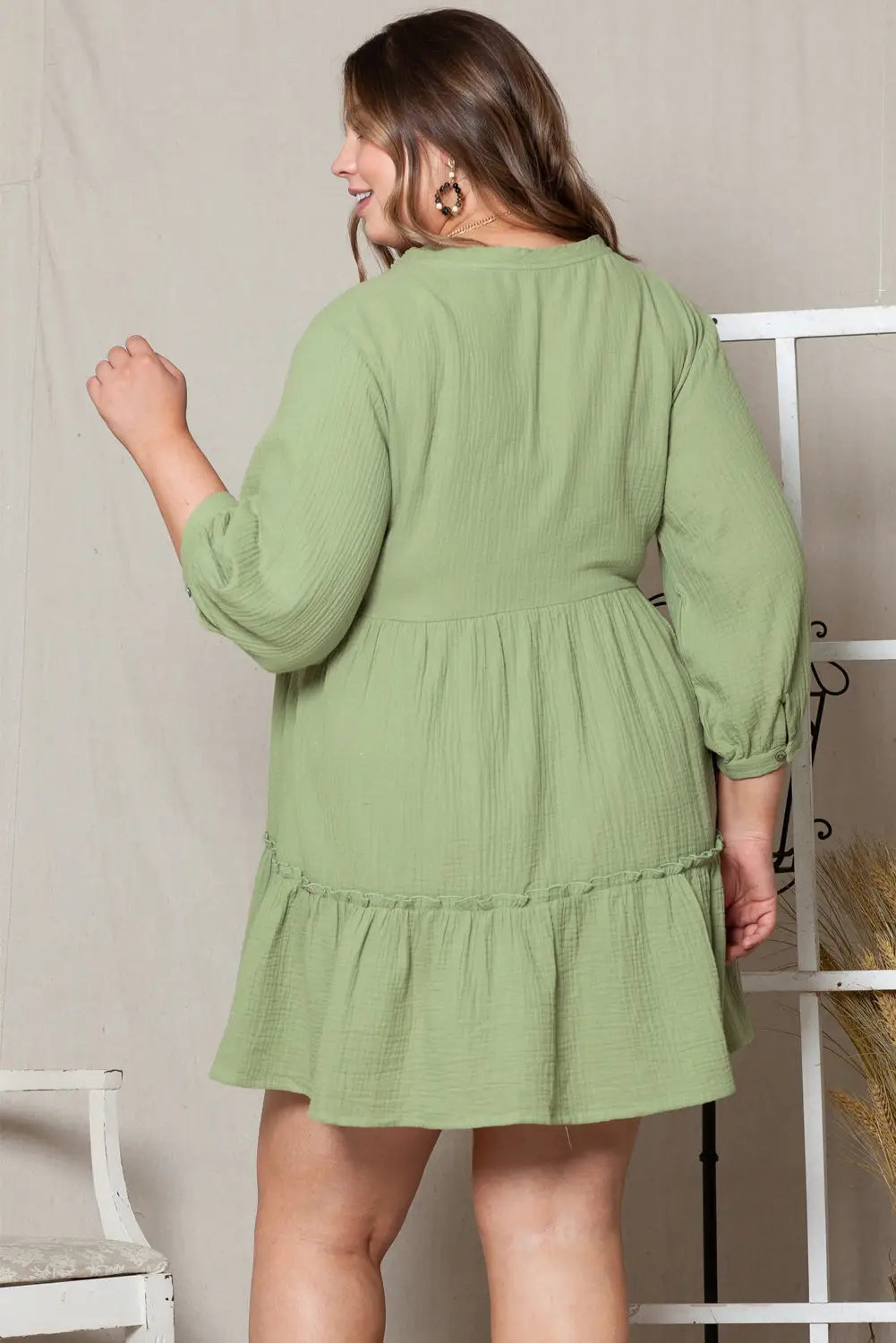 Green textured ruffled buttoned v neck plus size mini dress