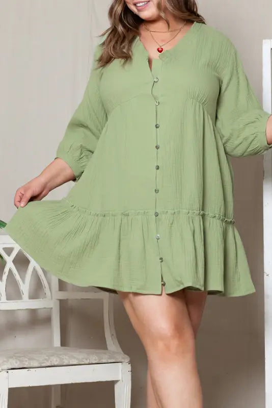 Green textured ruffled buttoned v neck plus size mini dress