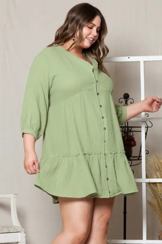 Green textured ruffled buttoned v neck plus size mini dress