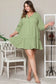 Green textured ruffled buttoned v neck plus size mini dress