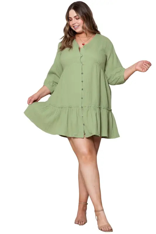 Green textured ruffled buttoned v neck plus size mini dress