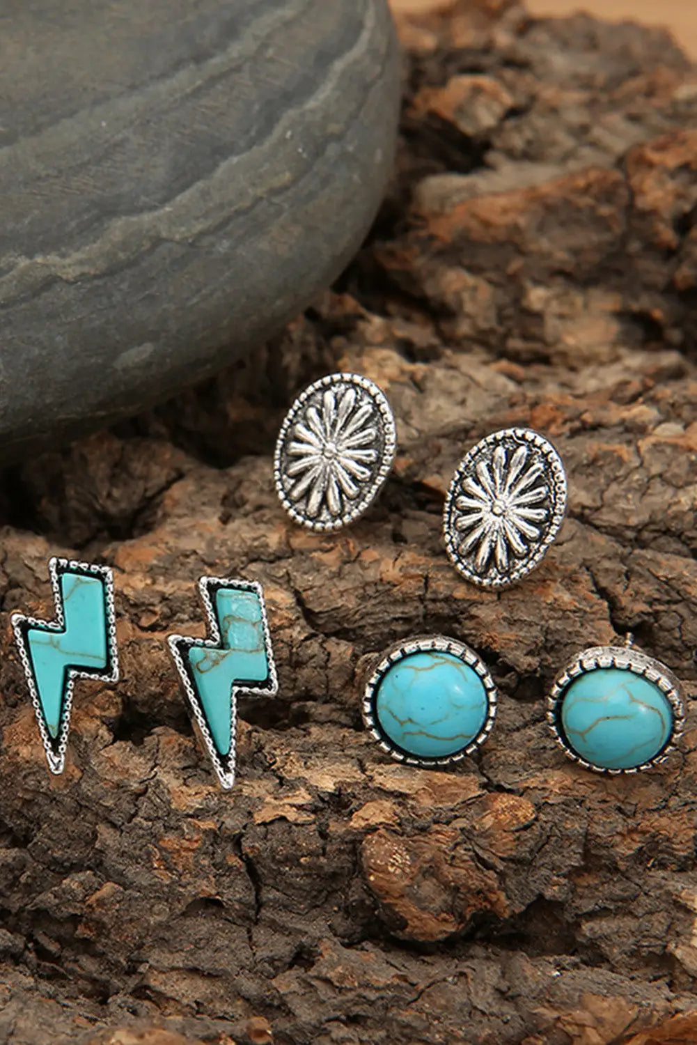 Green three-piece turquoise stud earrings set - one size / alloy