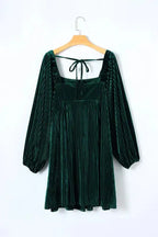 Green Tie Back Square Neck Velvet Babydoll Dress - Fashionfitz