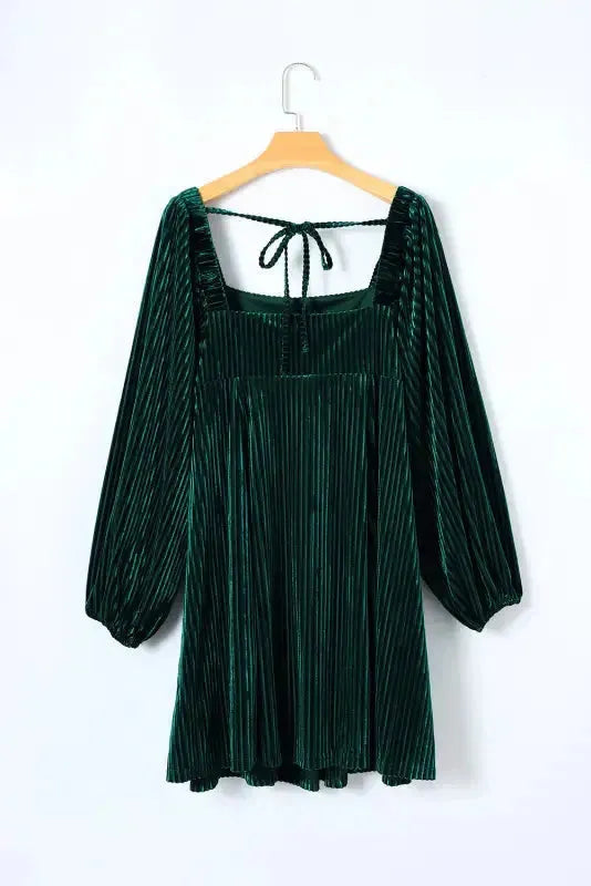 Green Tie Back Square Neck Velvet Babydoll Dress - Fashionfitz