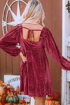Green Tie Back Square Neck Velvet Babydoll Dress - Fashionfitz