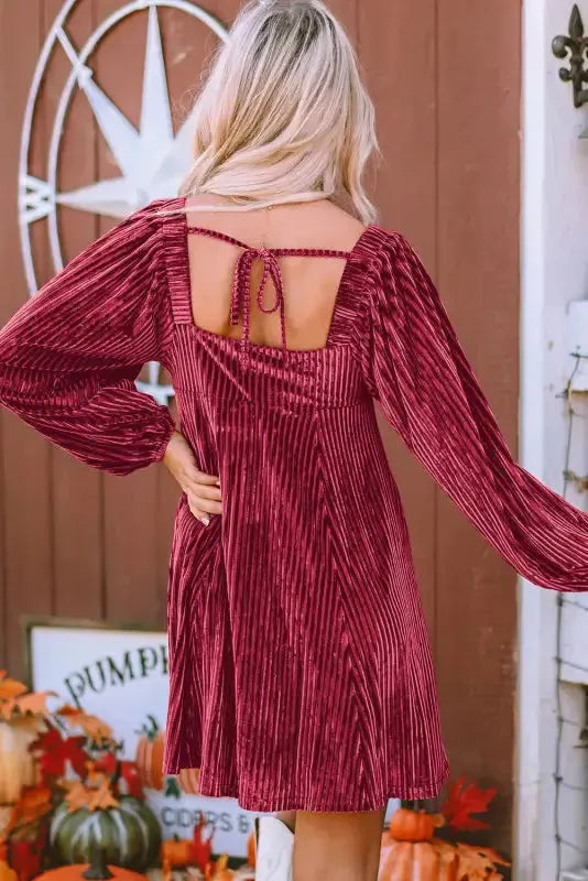 Green Tie Back Square Neck Velvet Babydoll Dress - Fashionfitz