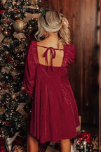 Green Tie Back Square Neck Velvet Babydoll Dress - Fashionfitz