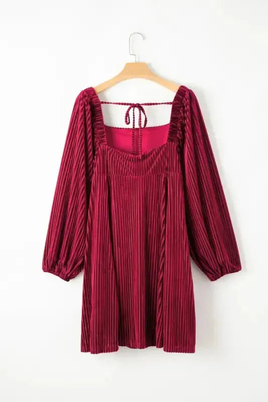 Green Tie Back Square Neck Velvet Babydoll Dress - Fashionfitz